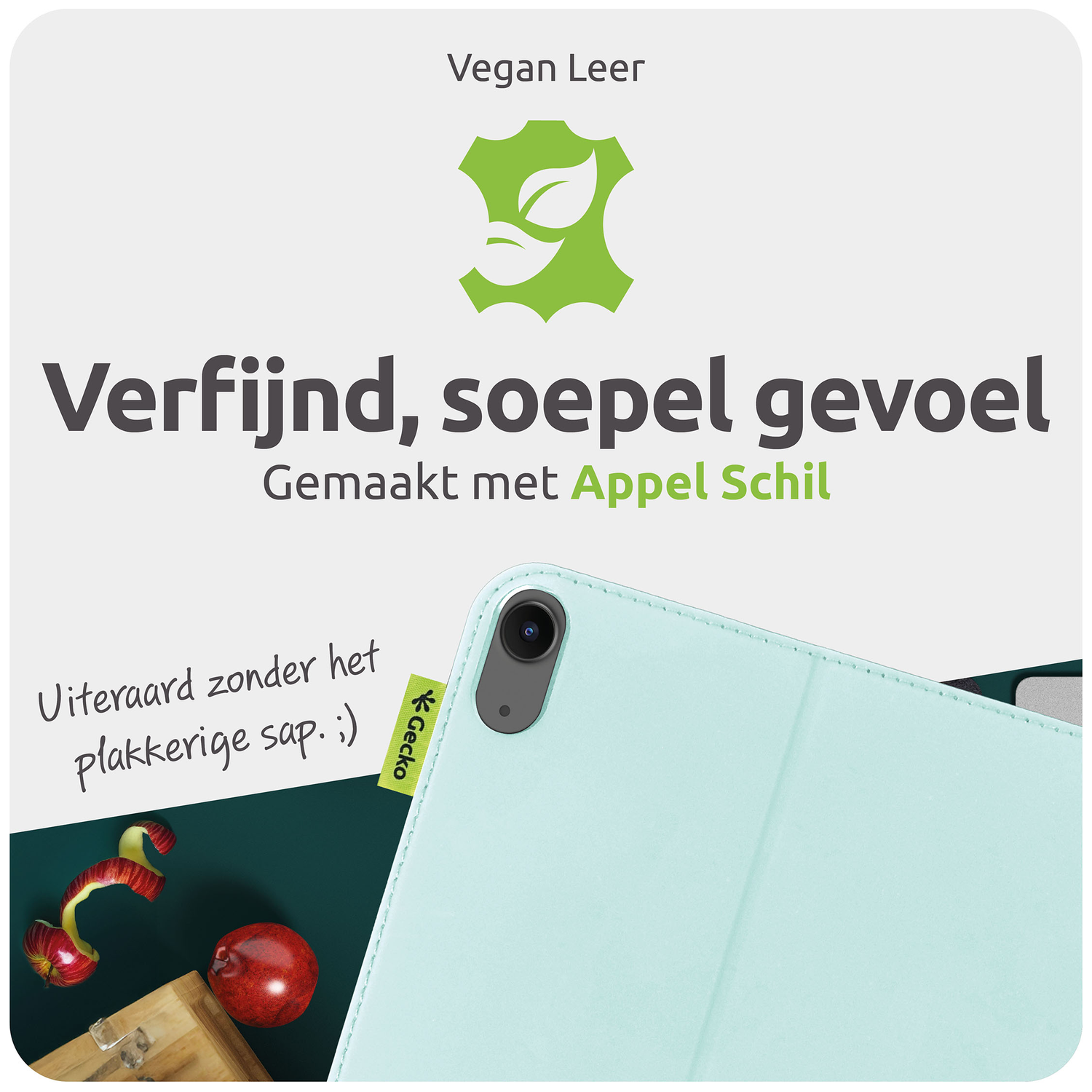 Image shows a tablet case, apple peel, and text in Dutch about vegan leather made with apple peel. The case is light blue.