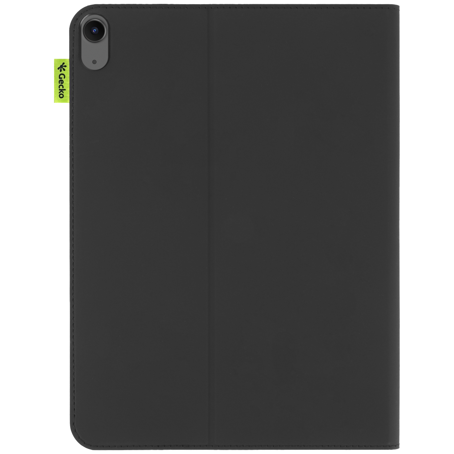 Black tablet case with a camera, brand tag, and a magnetic cover, isolated on white background.