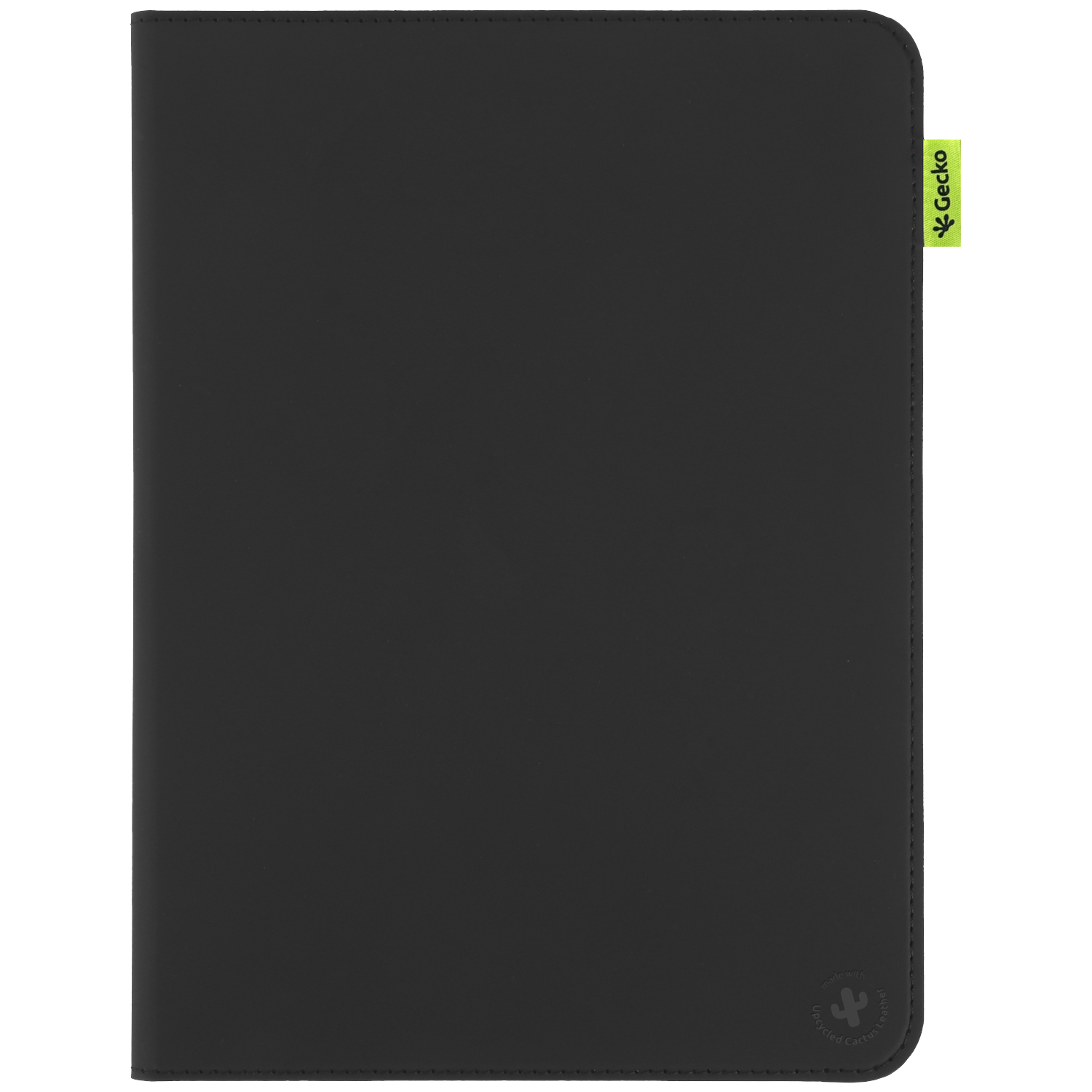 A black tablet case with a green gecko logo and 'Upcycled Cactus Leather' text. The case is rectangular with rounded corners.