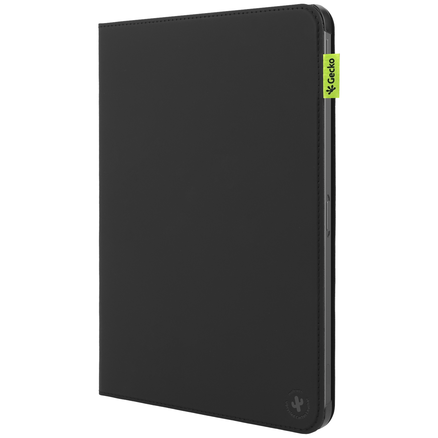 A black tablet case, featuring a Gecko logo on the side. Made with upcycled cactus leather. The case is closed.