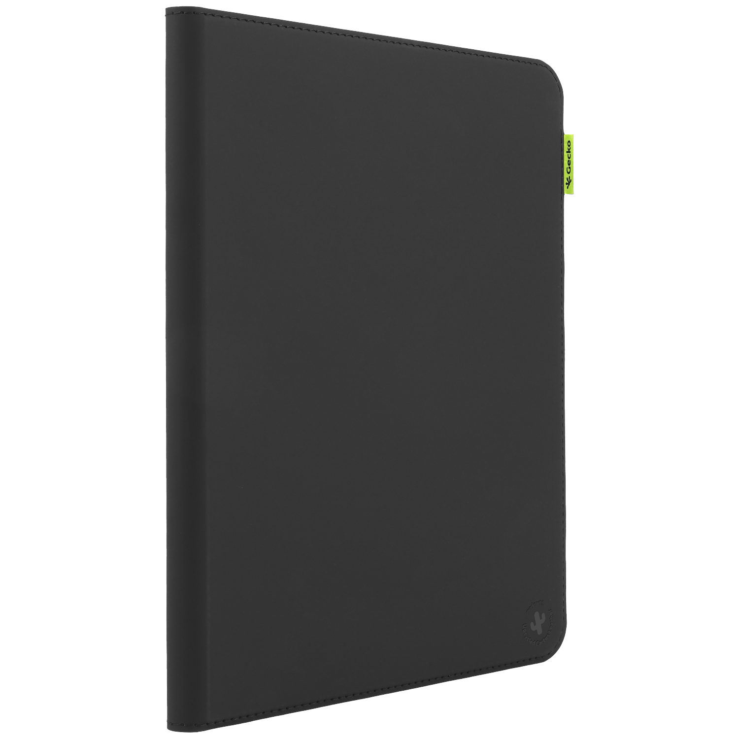 A black tablet case with a green Gecko tag. The case is closed, showing a smooth surface with a small logo and stitching.