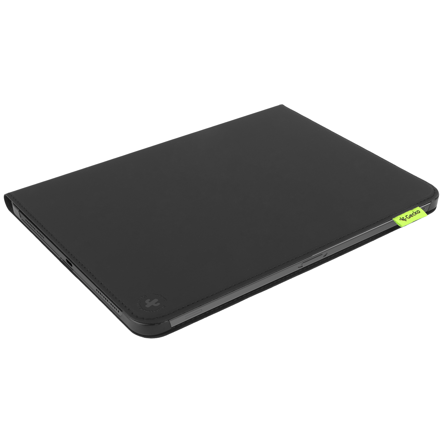 A black tablet case on a white background. The case has a green Gecko tag. The case is closed.