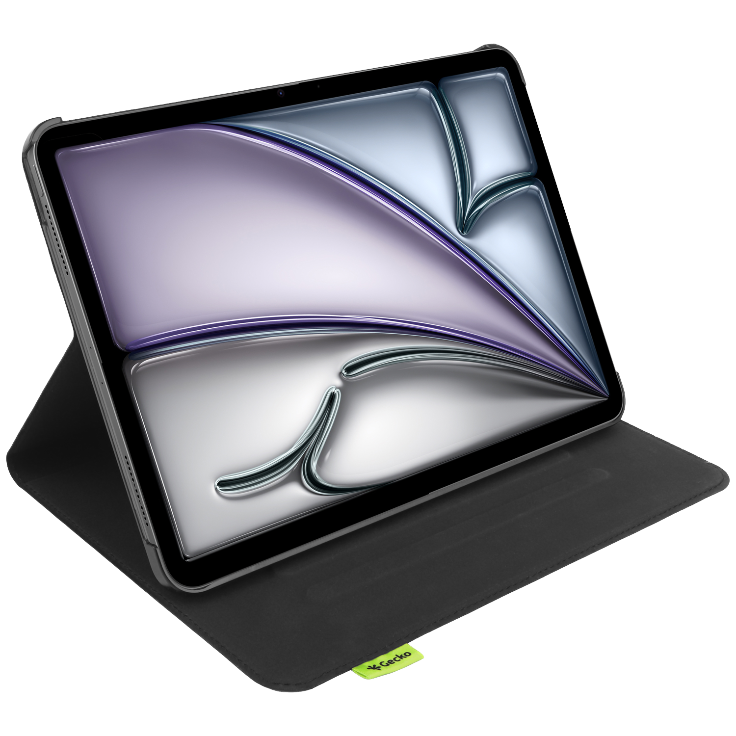 Tablet in a black case. The screen displays a glossy, abstract design in silver, purple, and white. A green Gecko tag is visible.