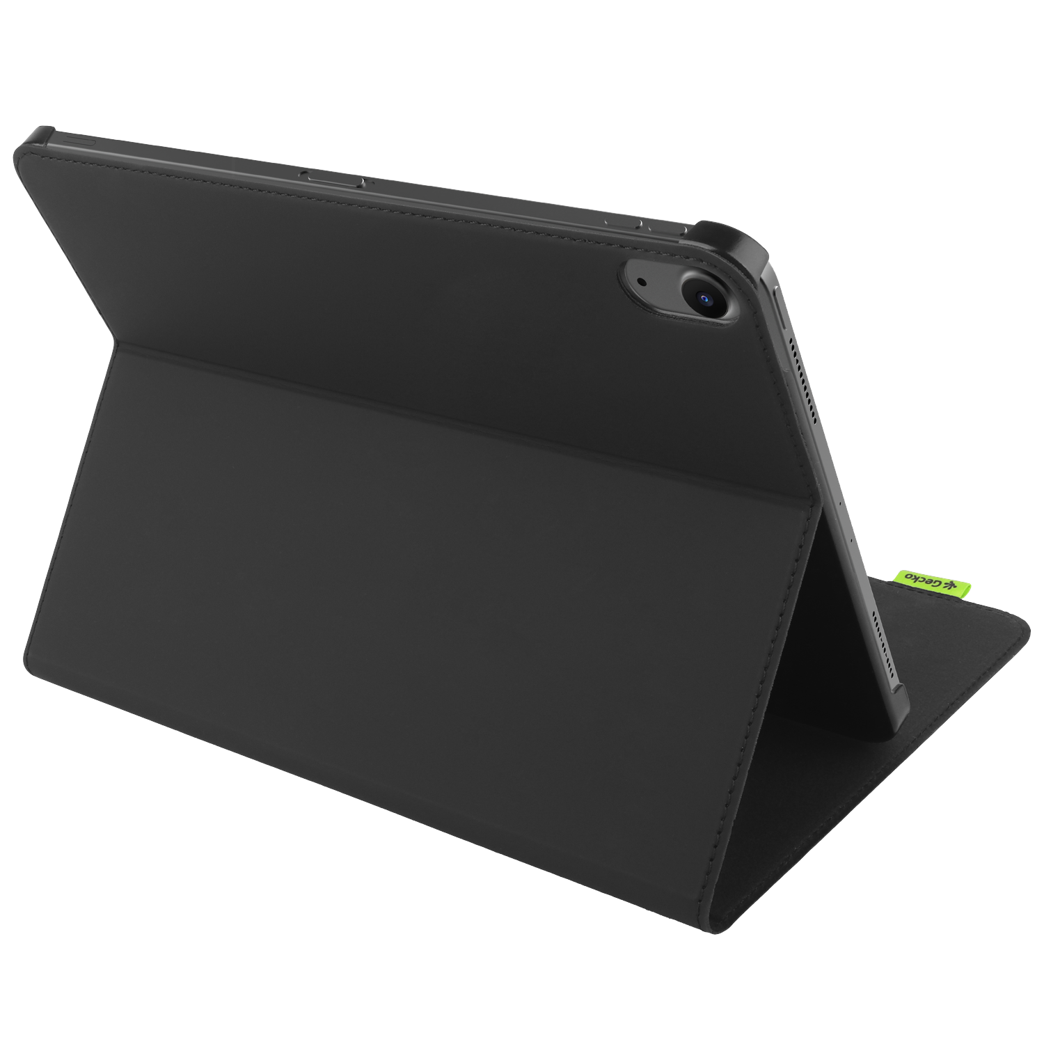 A black tablet case is open, displaying the tablet. The case is made of a soft material. A green sticker with 'gecko' is visible.