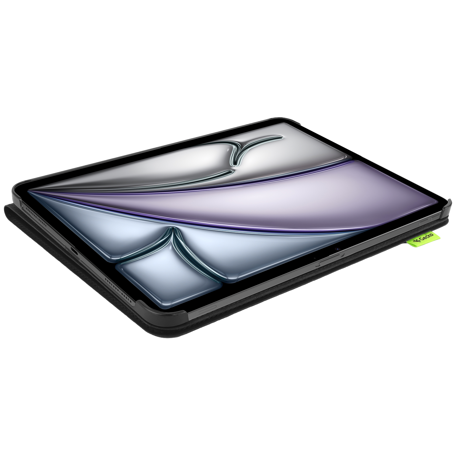 Tablet in a black case, screen displays a shiny, reflective surface with purple and silver tones. Green tag on the side.