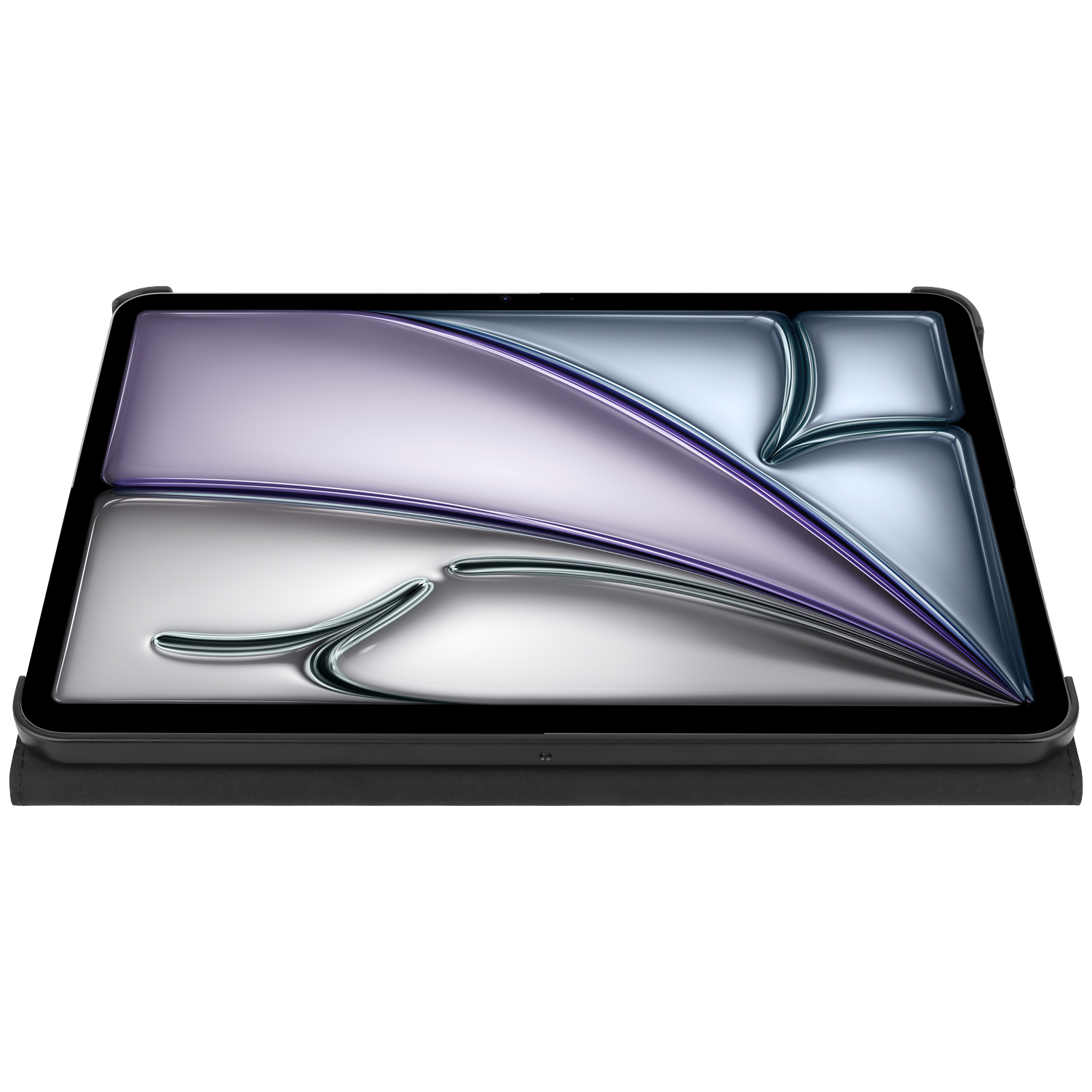 A tablet with a reflective screen, displaying a purple and silver design. It sits on a black case against a white background.