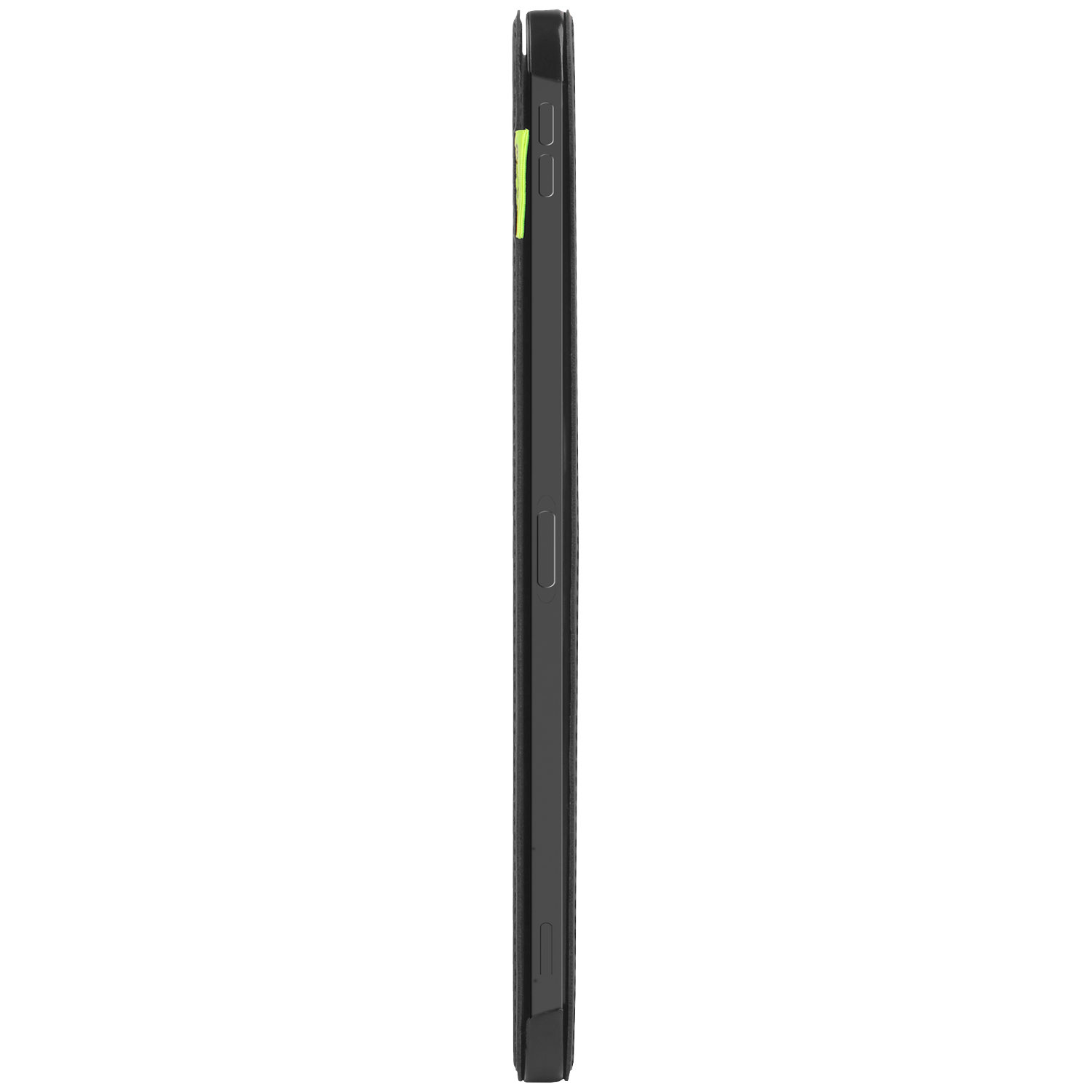 A side view of a black phone case with a lime green accent. Buttons are visible on the side.