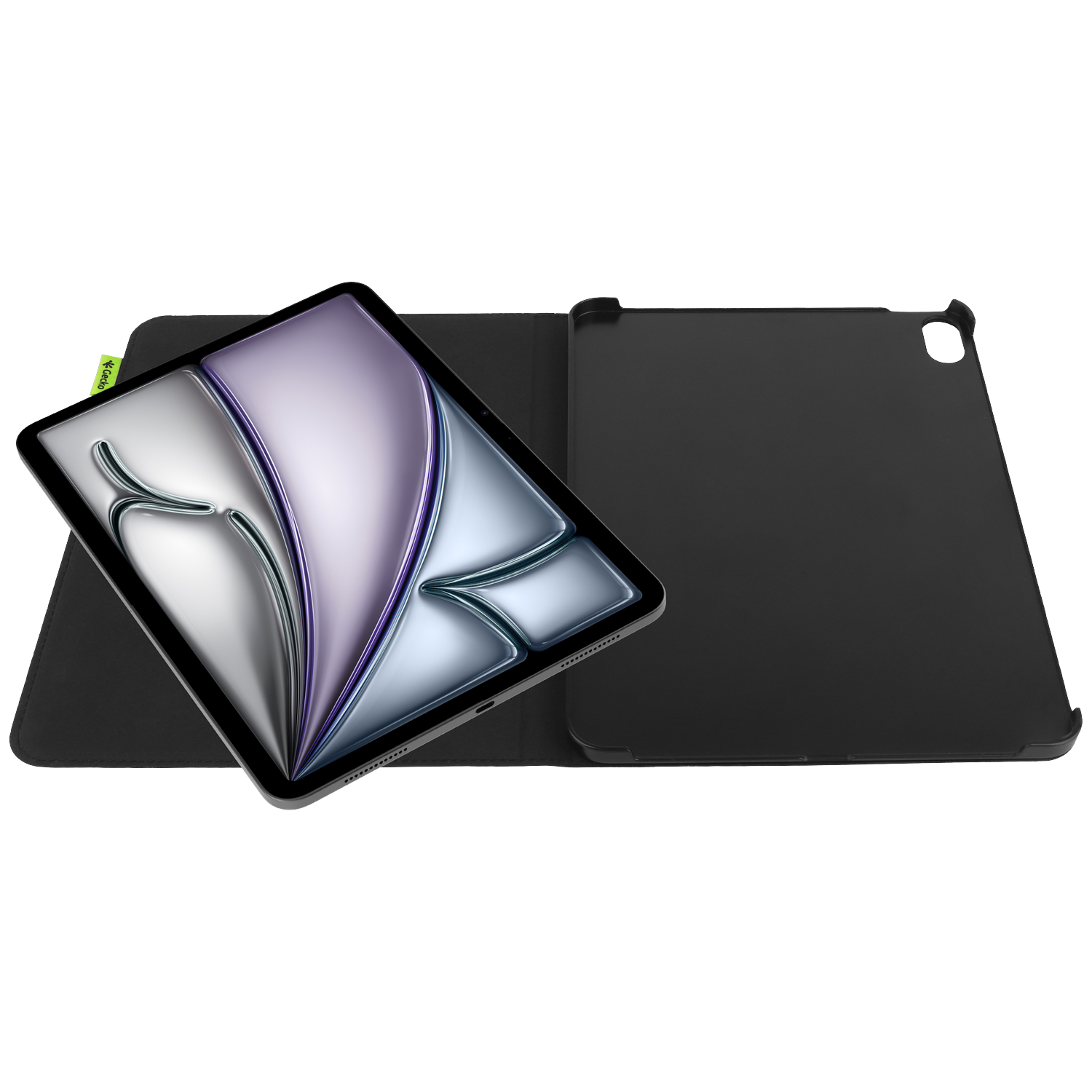 Tablet in a black case. Screen shows a pattern with silver and purple. Case is open on a white background.