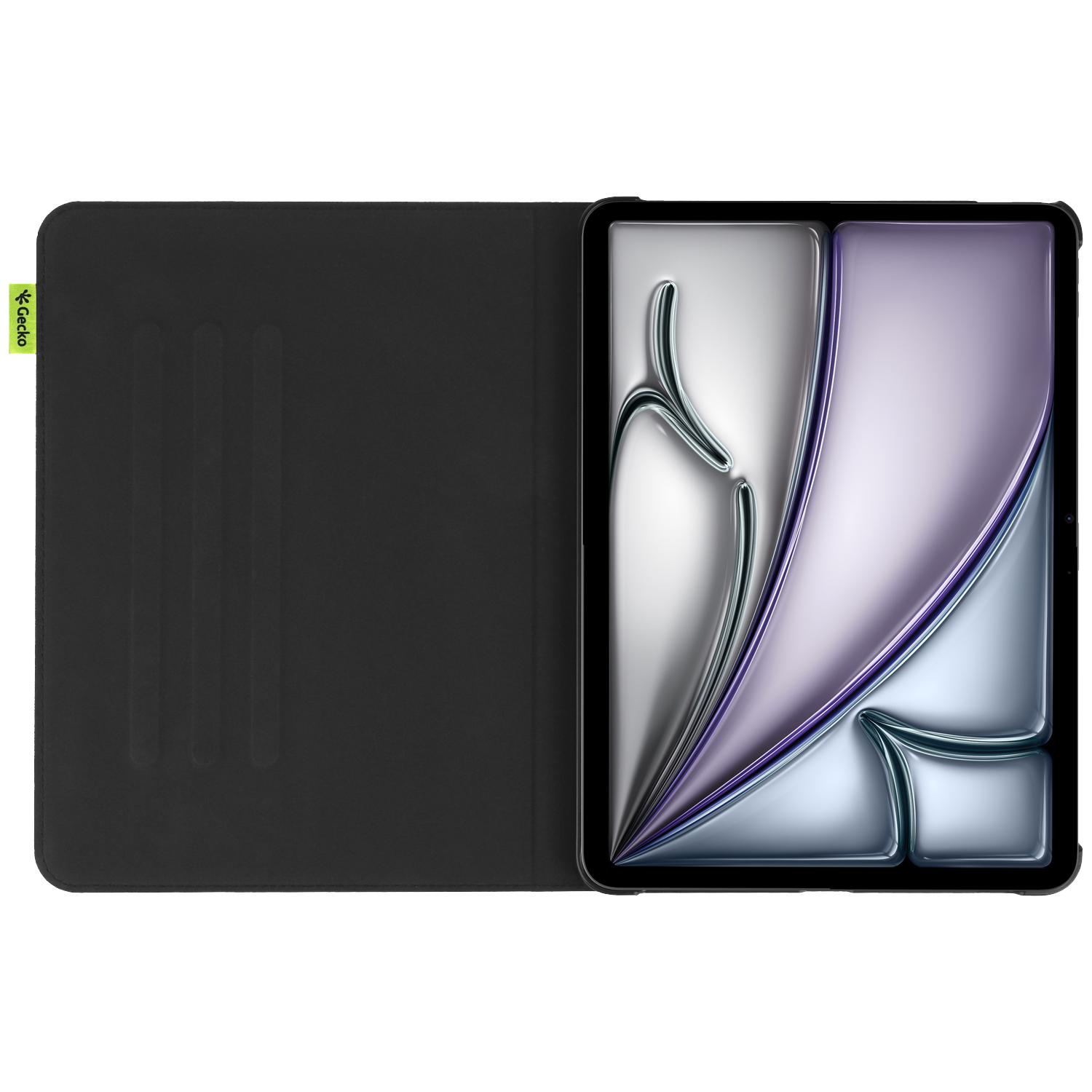 Tablet in a black case, open. The screen displays a shiny, abstract design in silver and purple hues.