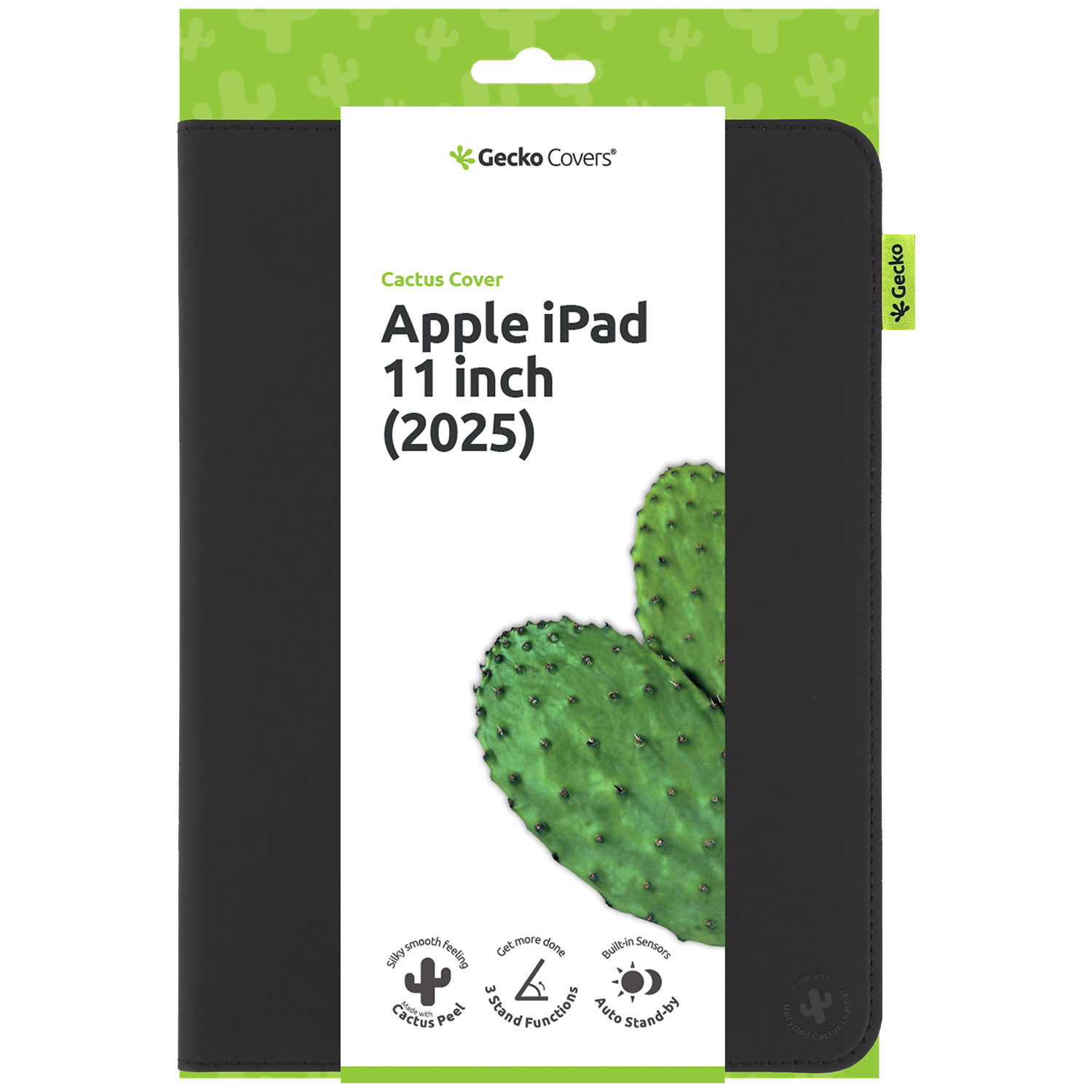 Black iPad cover packaging with a cactus image. Text reads 'Apple iPad 11 inch (2025) Cactus Cover'. Gecko Covers brand logo.