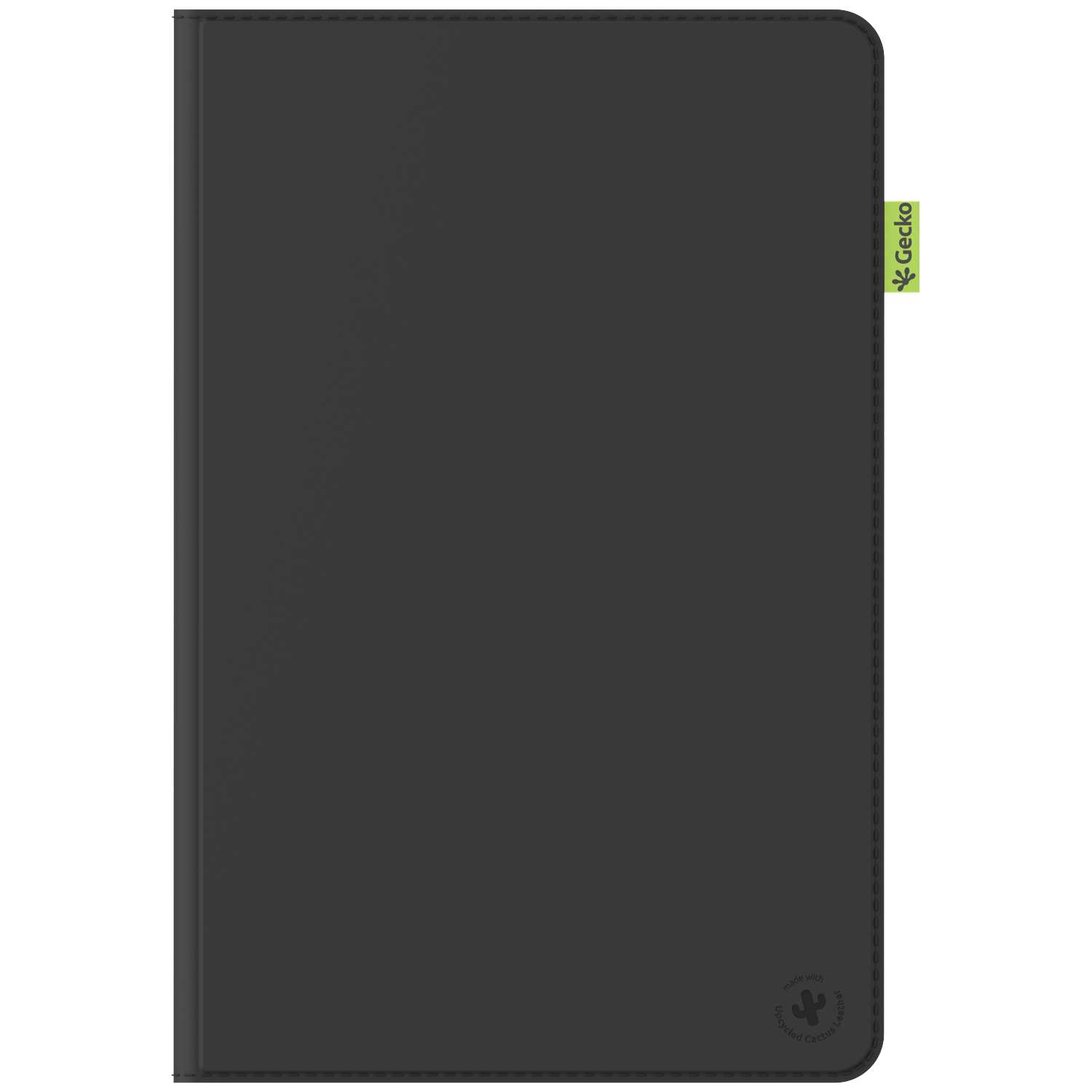 A dark gray tablet cover. A green Gecko tag is at the top right. Bottom right has a logo that says 'made with Upcycled Cactus Leather'.