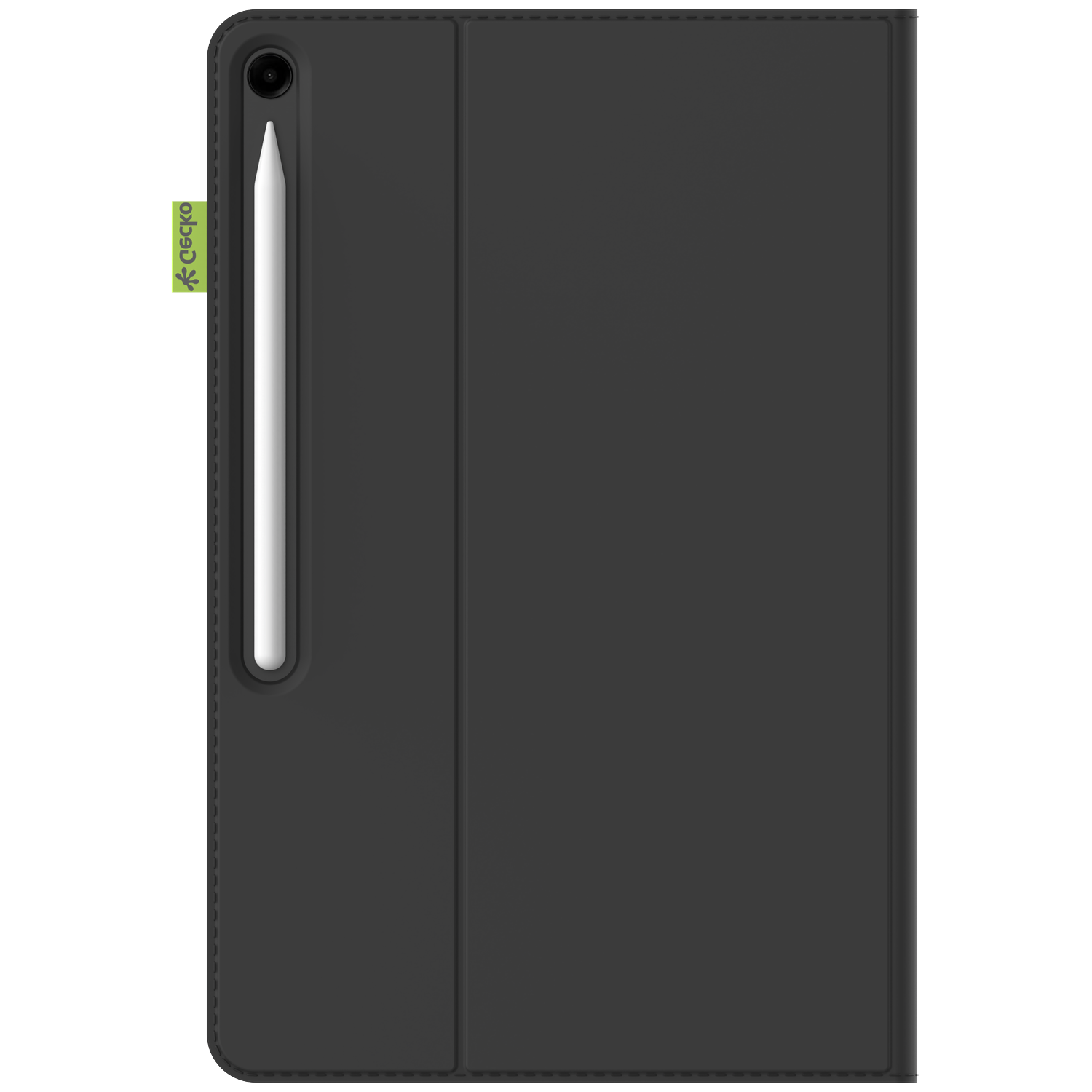Black tablet case with a white stylus. The case is closed, with a green logo on the side.