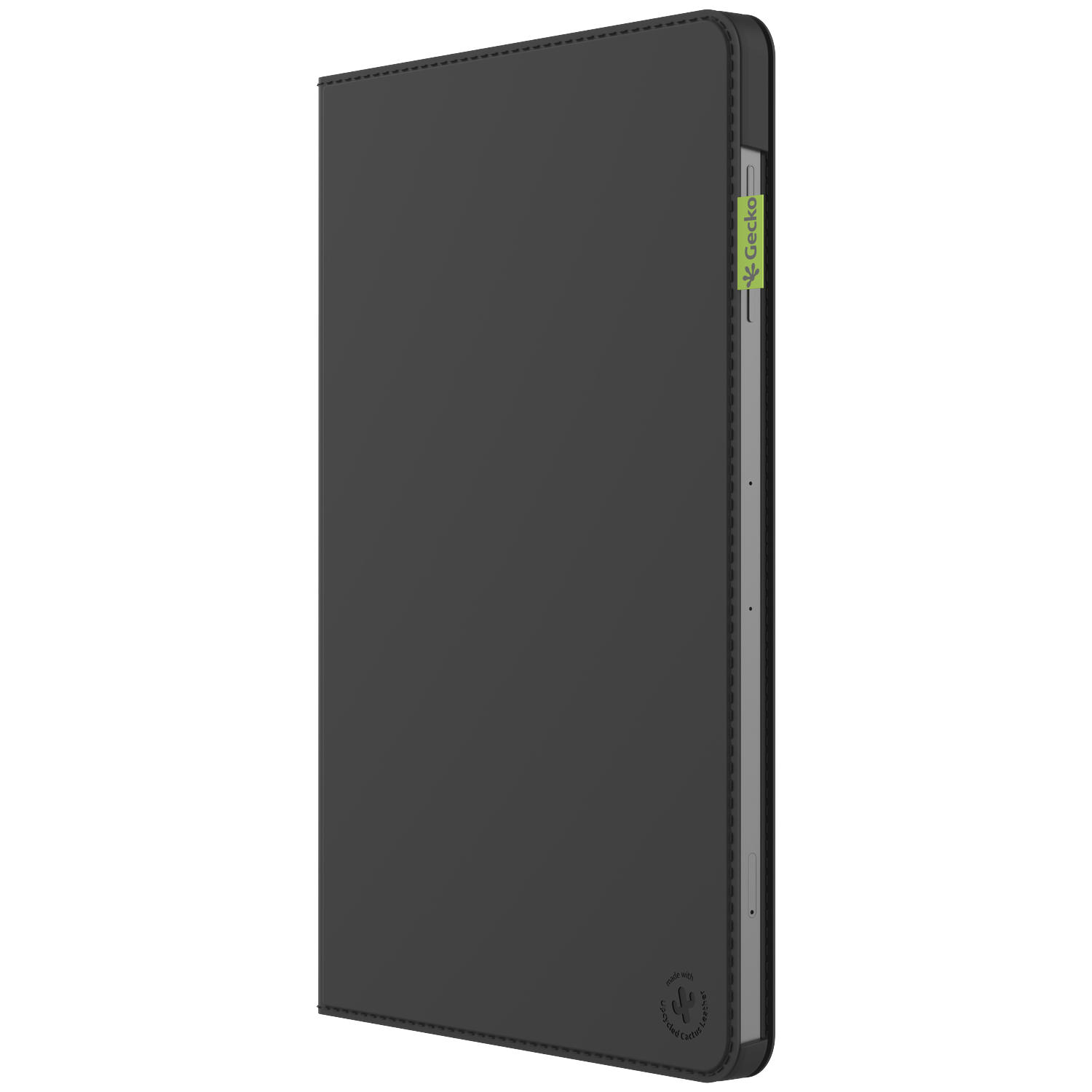 A dark gray tablet case. It has a stitched border and a small green Gecko logo. The case is made of recycled cactus leather.