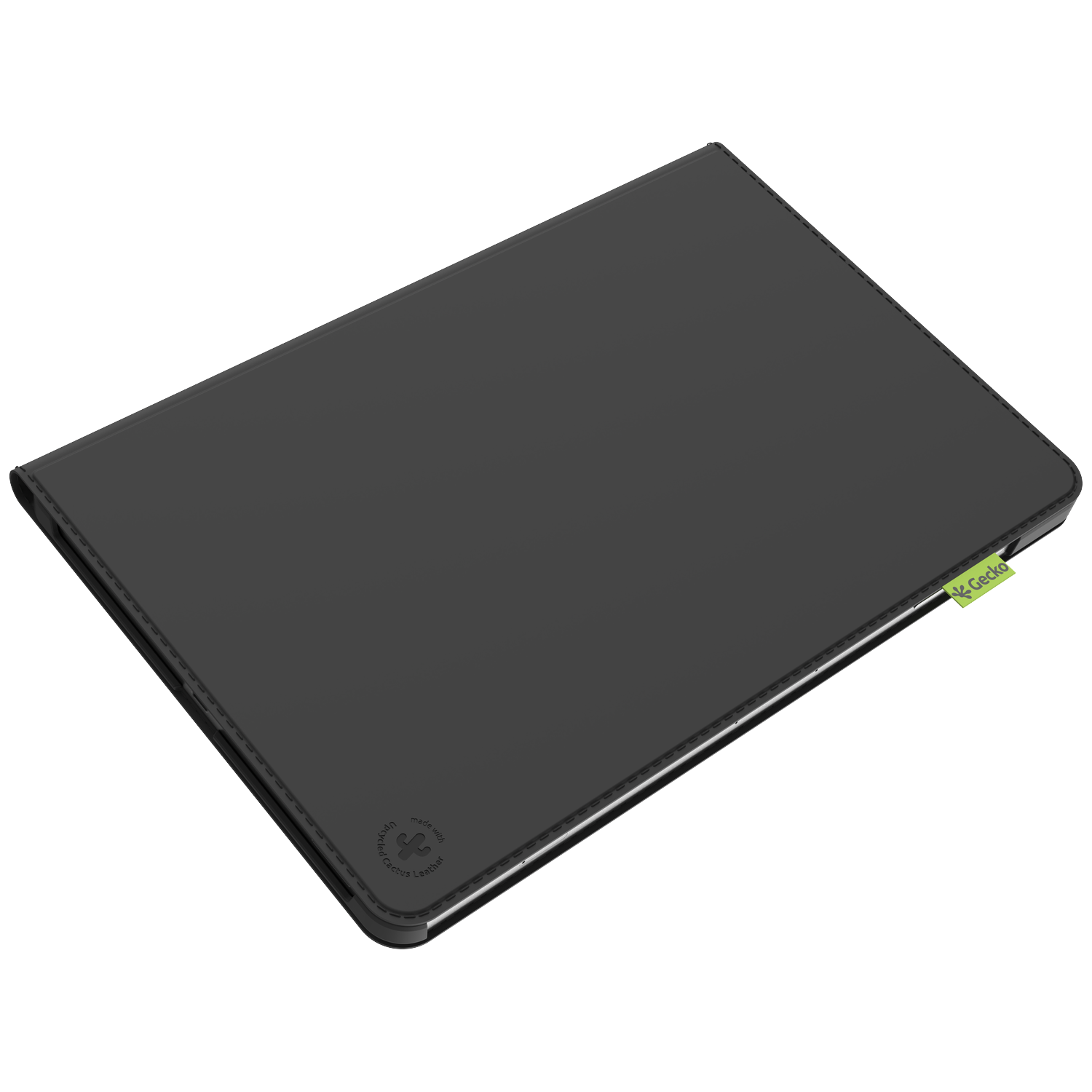 A closed black tablet case with stitched edges and a Gecko label. Made from upcycled cactus leather.