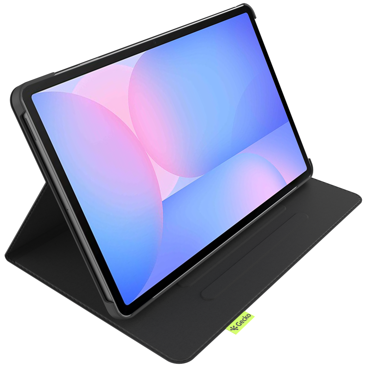 A black tablet in a black case, propped up. The screen displays blue and pink gradients. A green Gecko tag is visible.