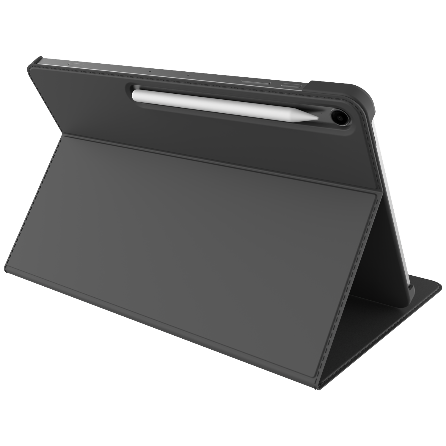A gray tablet case with a white stylus inserted. The case is open, revealing a portion of a tablet screen. White background.