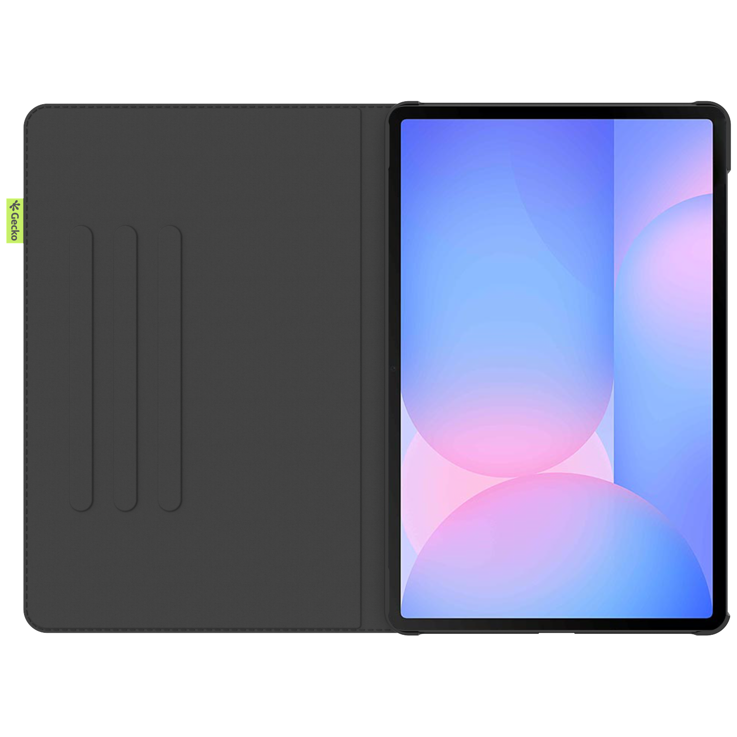 A tablet in a black case is open, revealing the screen with blue and pink abstract shapes. The case has a green logo.