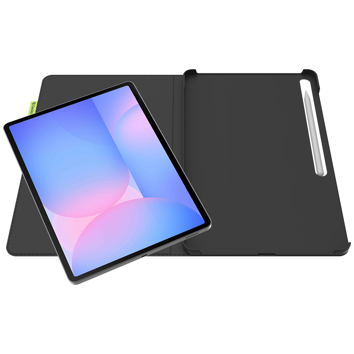Tablet in a black case with a stylus. The screen displays blue and pink colors. The case is open, showing the tablet and stylus.