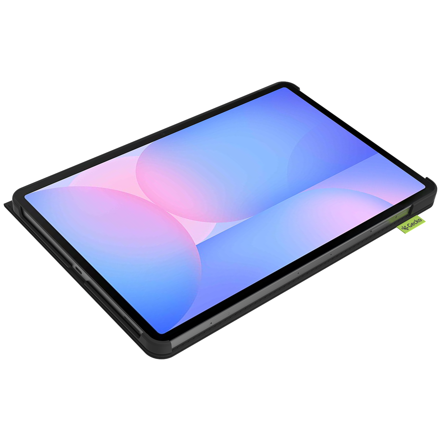 A tablet with a black case, displaying a blue and pink gradient screen. A green Gecko tag is attached to the side.