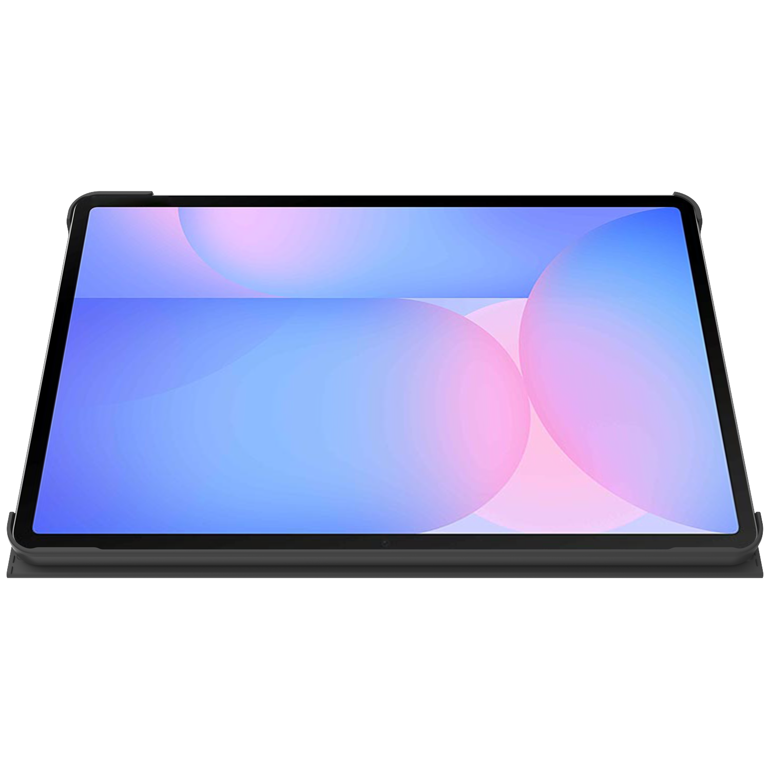 A tablet in a black case. The screen displays abstract shapes in shades of blue and pink. The background is white.