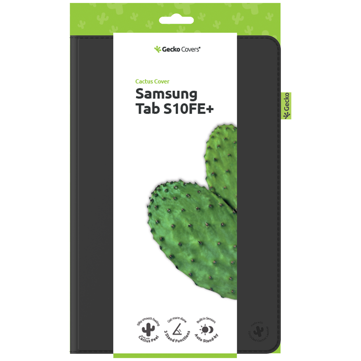 A tablet cover package features a cactus image. Text reads 'Samsung Tab S10FE+' and 'Cactus Cover.' The brand is Gecko Covers.