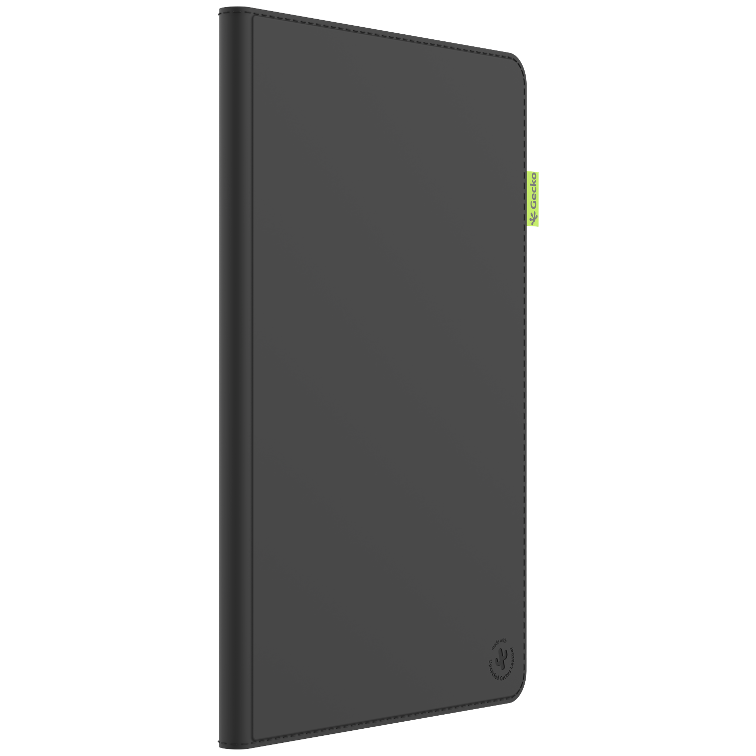 A closed, dark gray tablet case. A green Gecko tag is on the side. The bottom right corner shows a logo that says 'made with recycled cactus leather'.