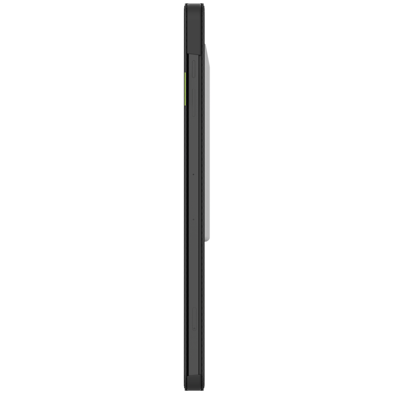 Side view of a black phone case. It has a button and a cutout. The background is plain white.