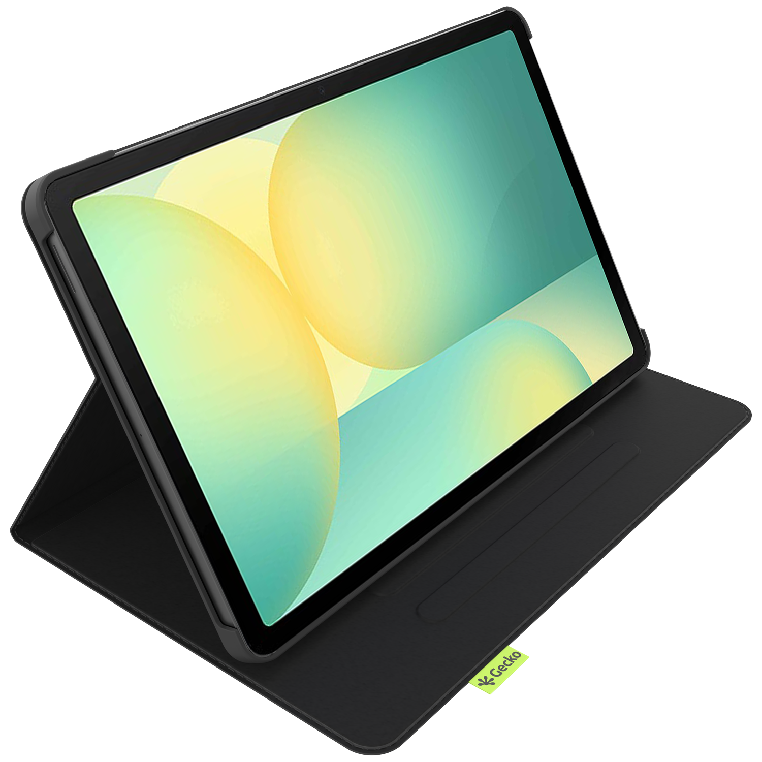 A tablet in a black case is propped up. The screen displays a green and yellow abstract design. A small green Gecko tag is visible.