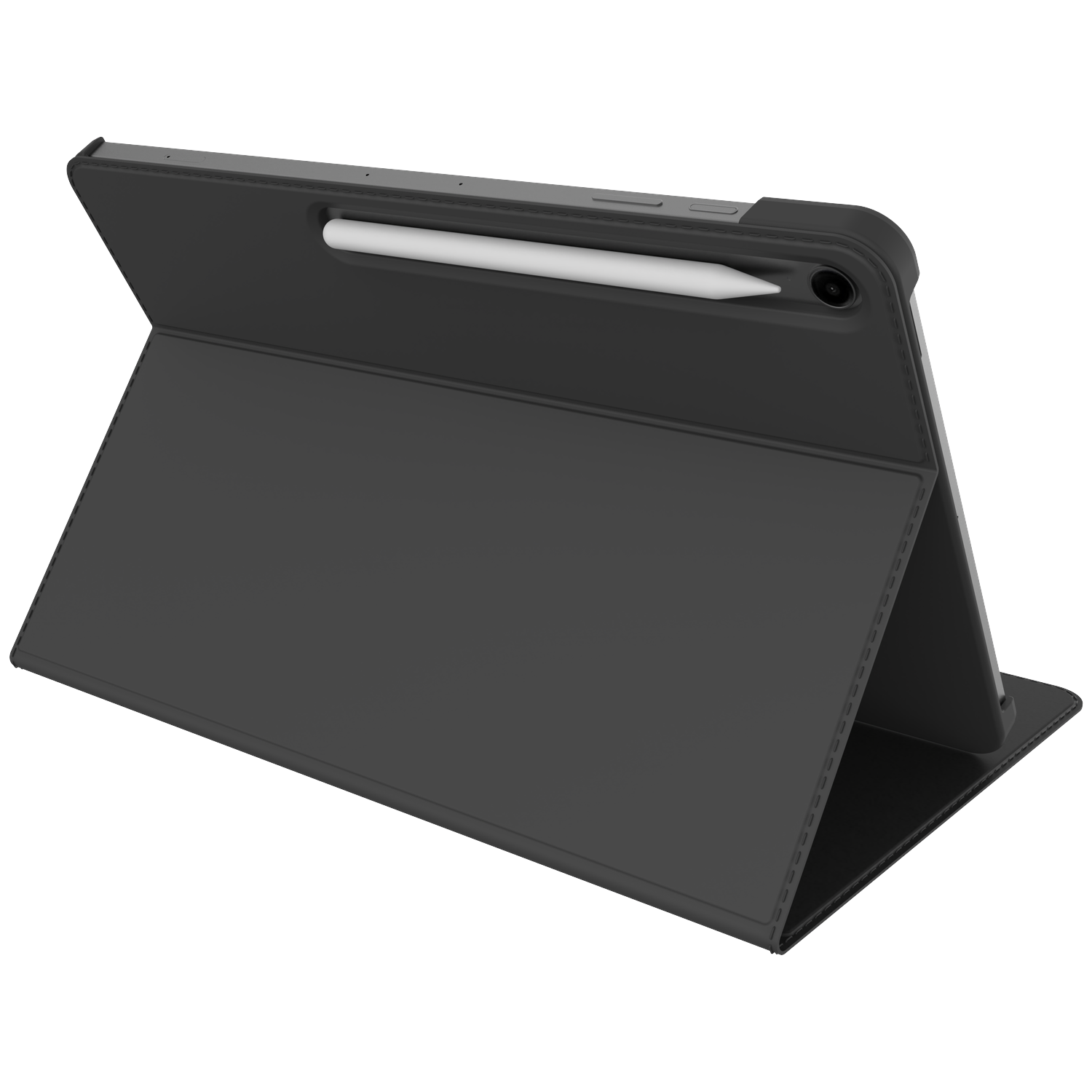 A tablet in a black case, with the cover open. A white stylus is attached. The background is white.