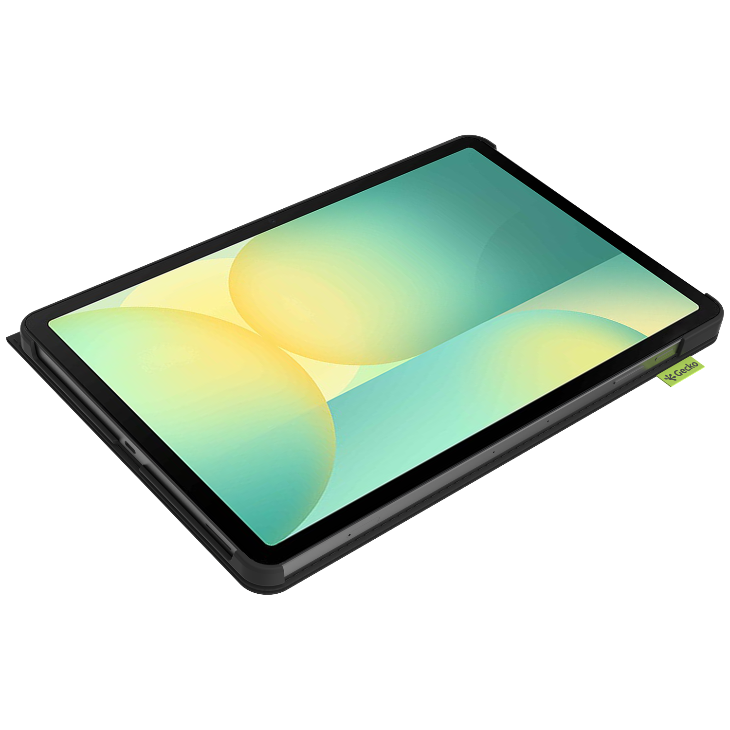 A tablet in a black case with a green and yellow gradient screen. The case has a Gecko tag. The background is white.