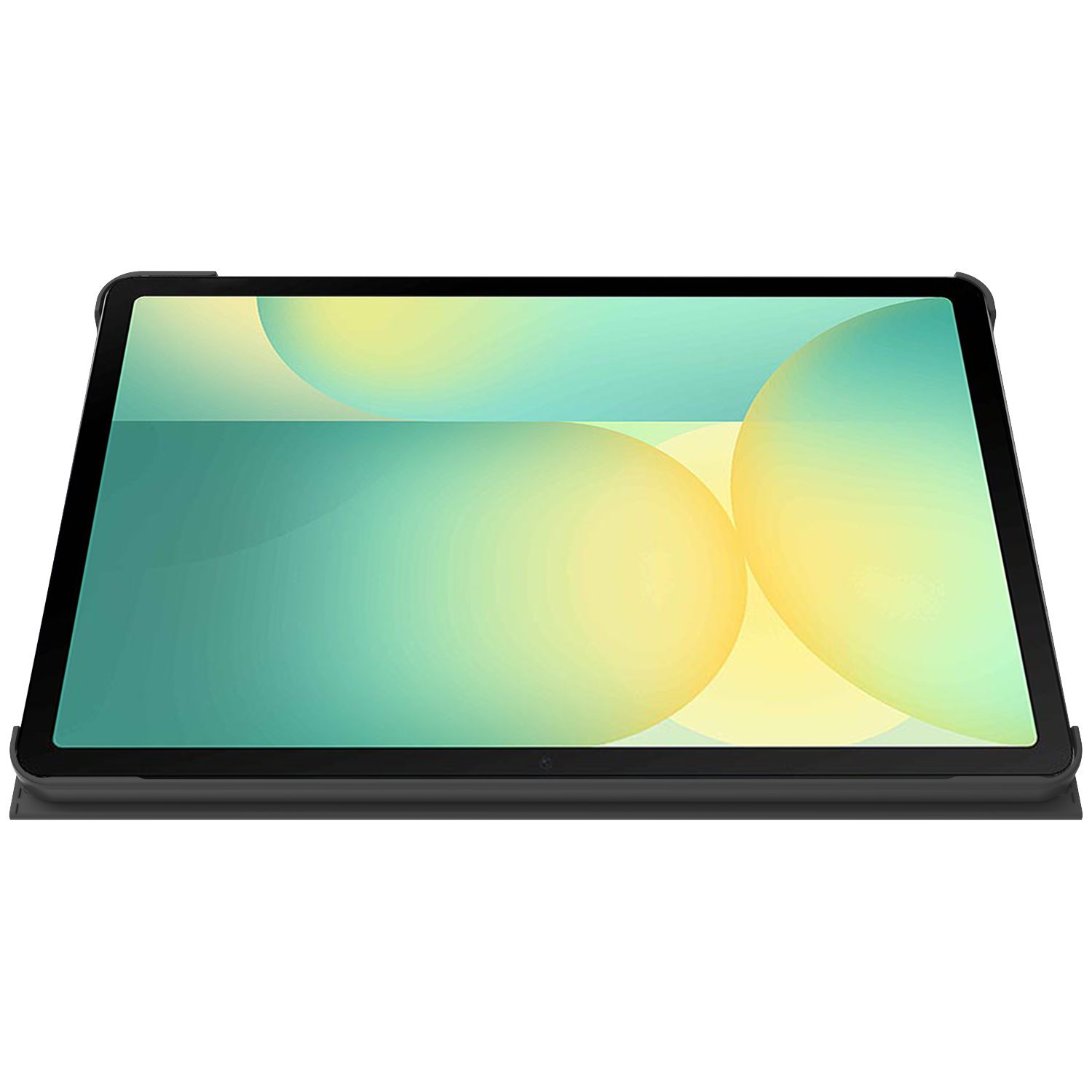A tablet with a black case. The screen displays a gradient of yellow and green circles. The background is white.