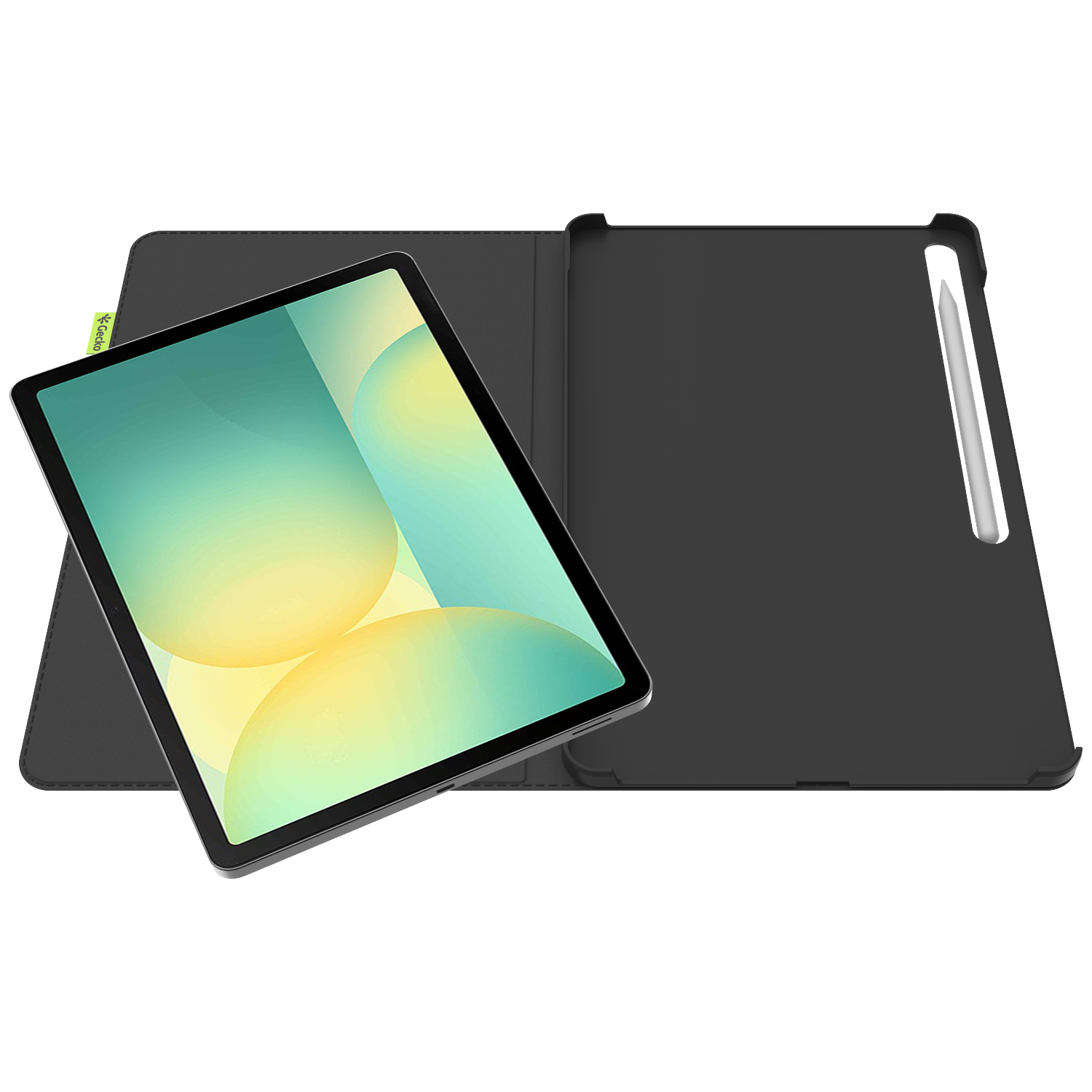 Tablet in a black case, open. The screen displays a colorful gradient. A stylus is present. The case is on a white background.