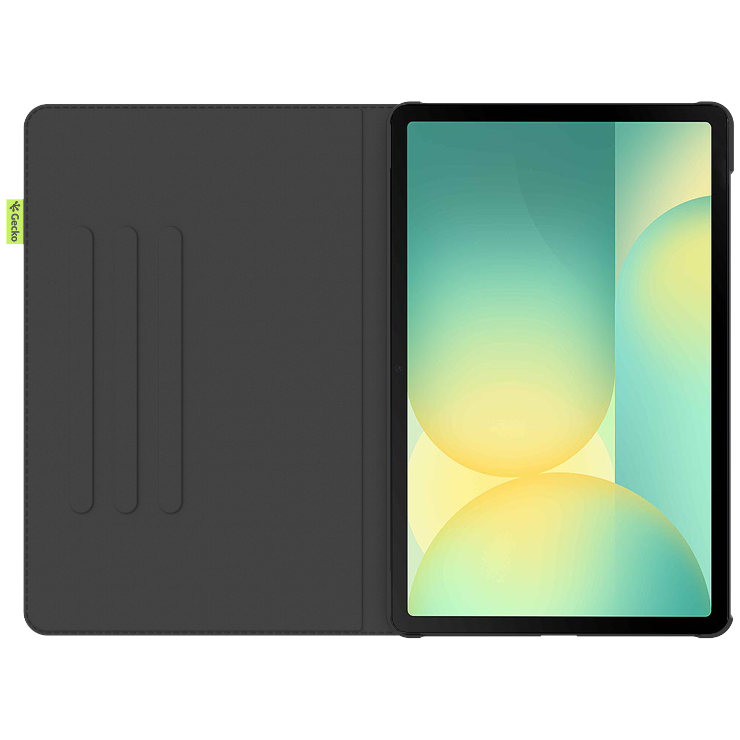 Tablet in a black case, open to reveal the screen. The screen displays a blurred background of green and yellow.
