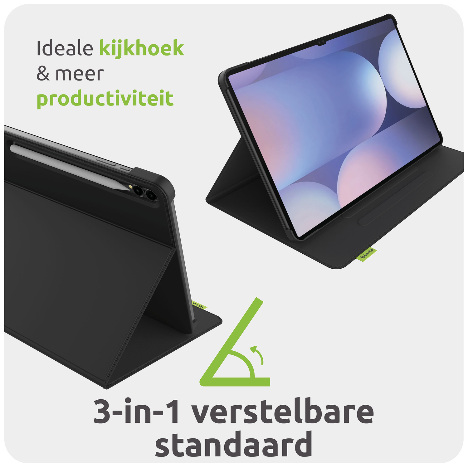 Two black tablet cases. One open, displaying a screen. Text reads: '3-in-1 adjustable stand'. Green accent.