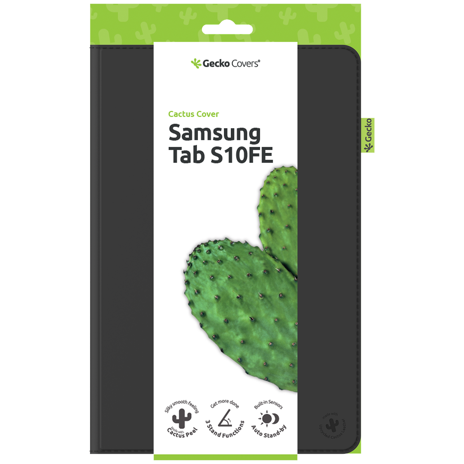 A black Samsung Tab S10FE cactus cover package. It features a cactus image and Gecko Covers branding.
