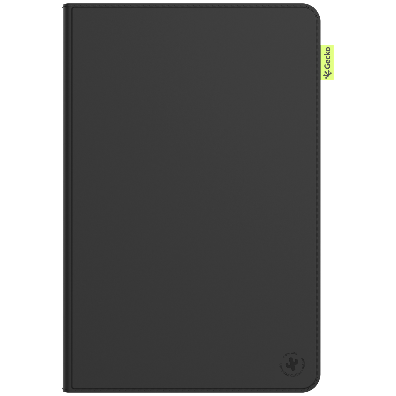 A black tablet case with a green Gecko tag and a small logo. Made with recycled cactus leather.