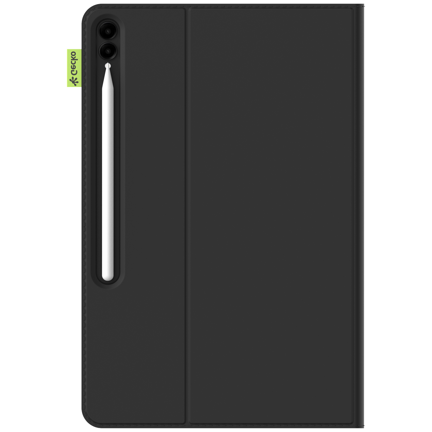 Black tablet case with a white stylus attached. A green Gecko logo is visible. The case is closed.
