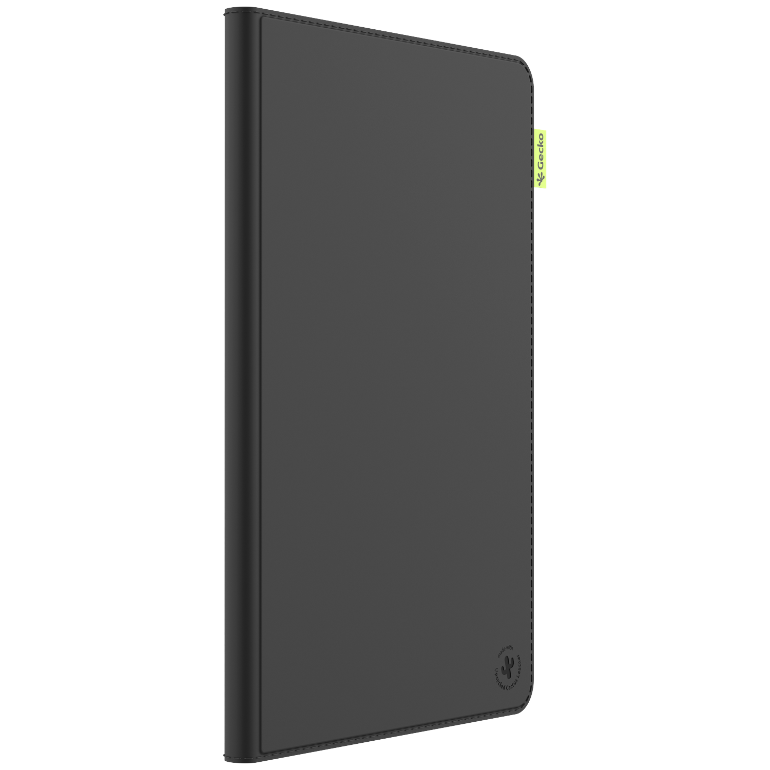 A black tablet case with a green Gecko tag on the side. The case is closed and has a stitched edge.