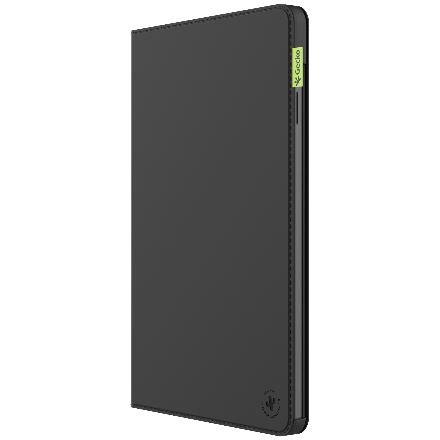 A black tablet case with a green Gecko label, stitched edges, and a cactus leather logo. The case is against a white backdrop.