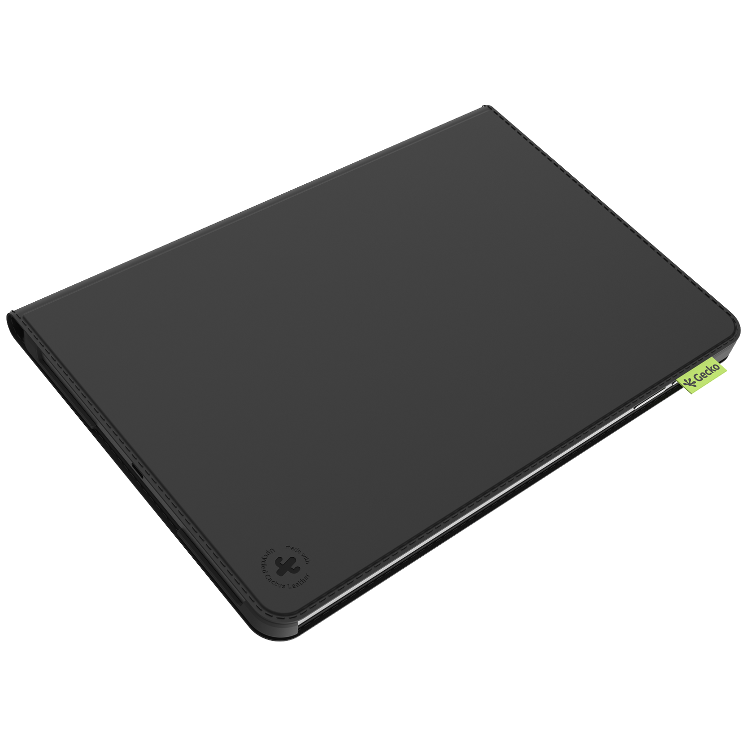 Black tablet case with stitched edges and a green Gecko tag. The case has a glossy finish and a logo on the lower left corner.