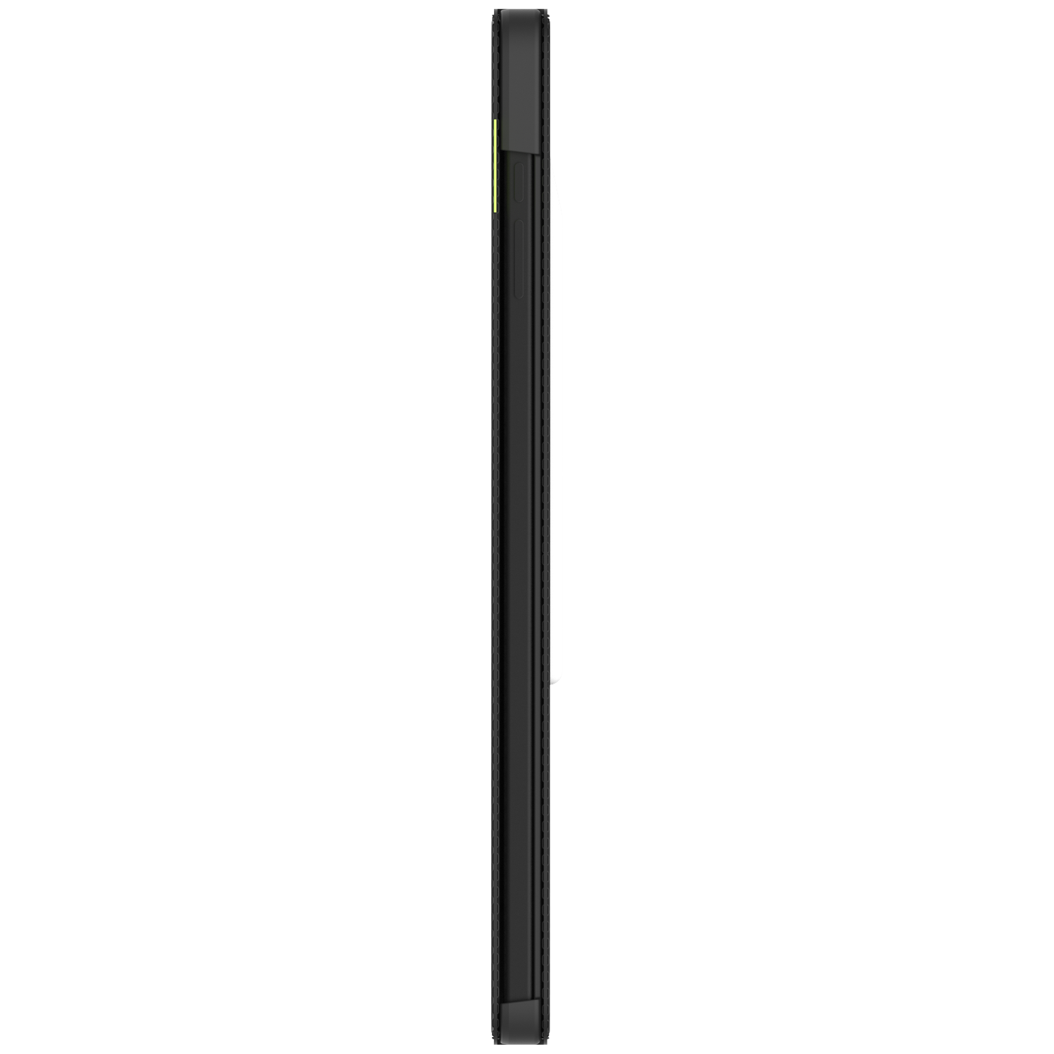 A black phone case is shown in profile, with a yellow accent on the side. The case is textured and rectangular.