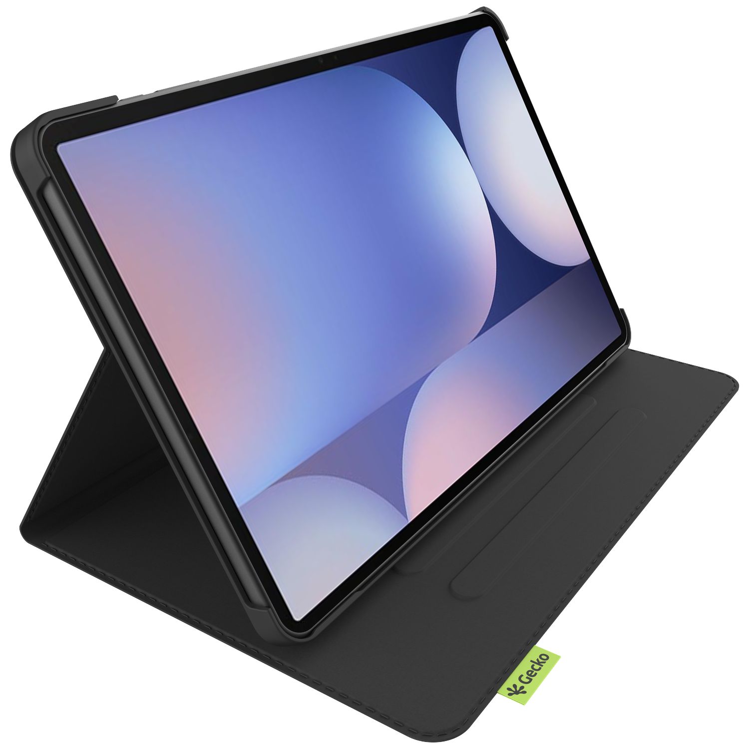 Black tablet in a black case. The tablet screen displays a pale blue and white background. The case has a Gecko logo.