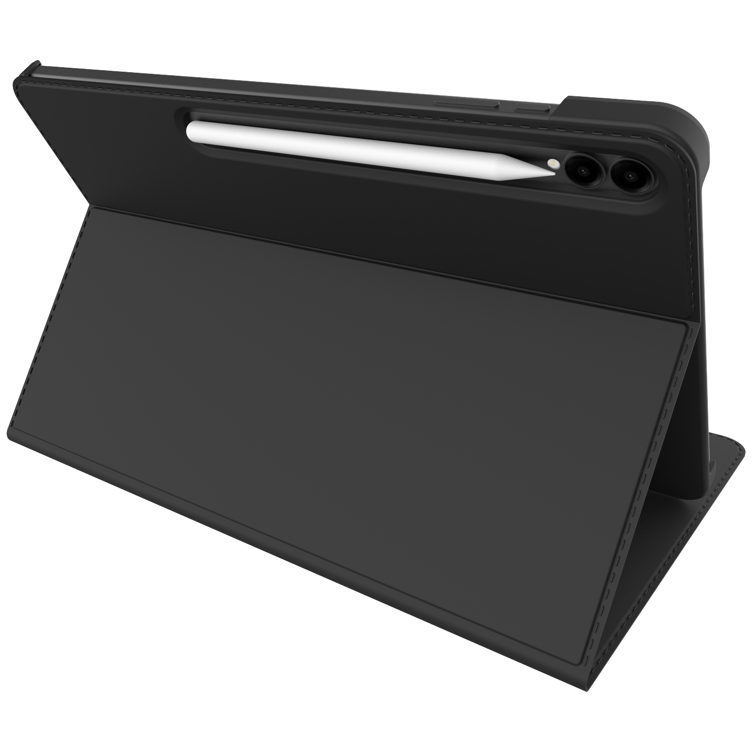Black tablet case with a white stylus inserted. The case is folded, and the stylus is visible. The background is white.