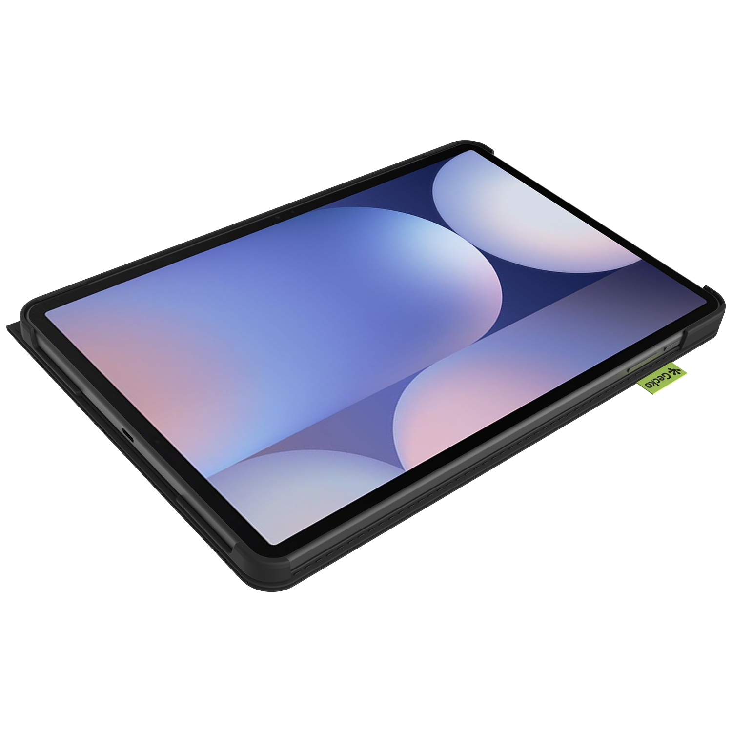 Black tablet with a screen showing abstract shapes. It has a green Gecko tag. The tablet is on a white background.