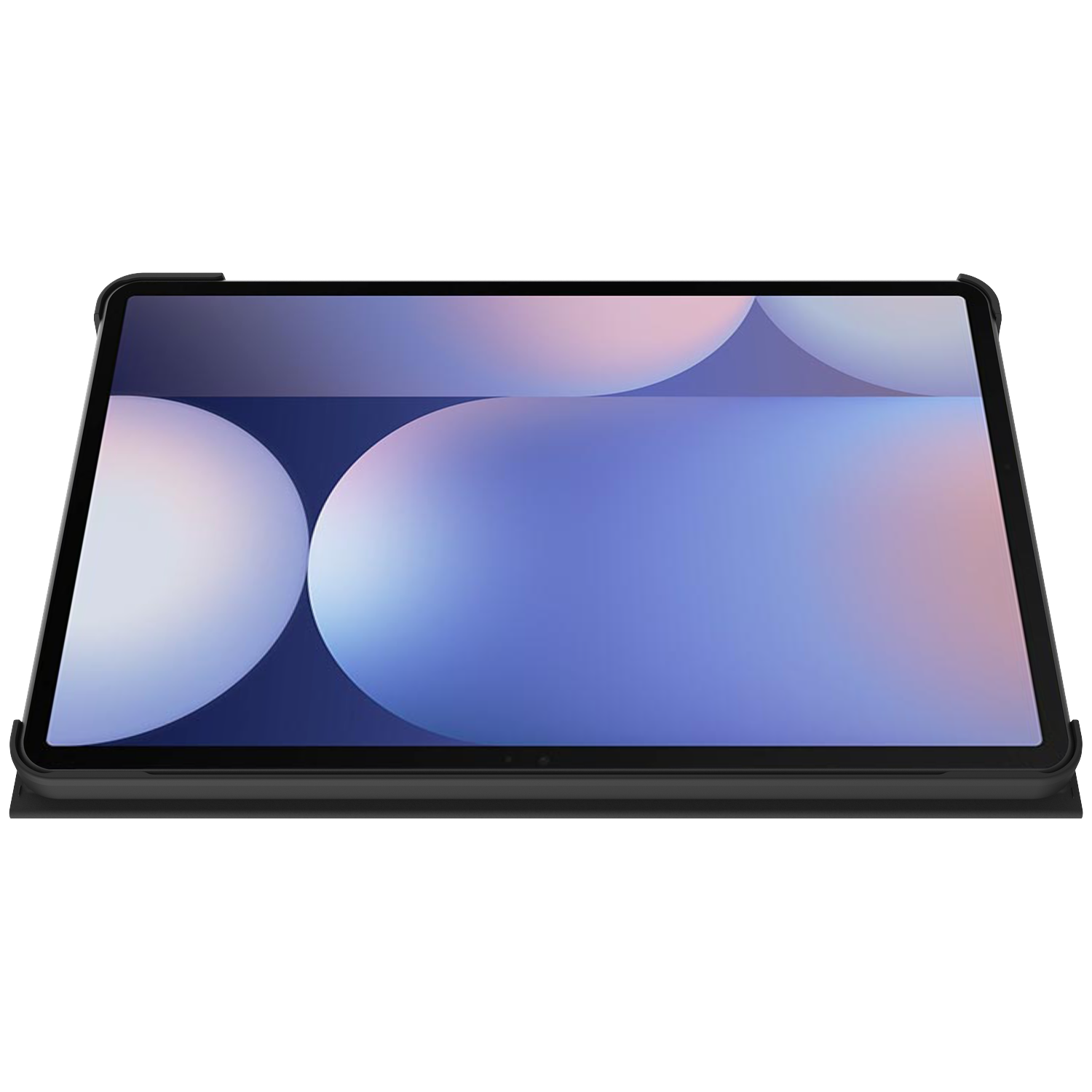 A tablet with a black frame and a screen showing a gradient of white, pink, and blue. The tablet is on a white surface.
