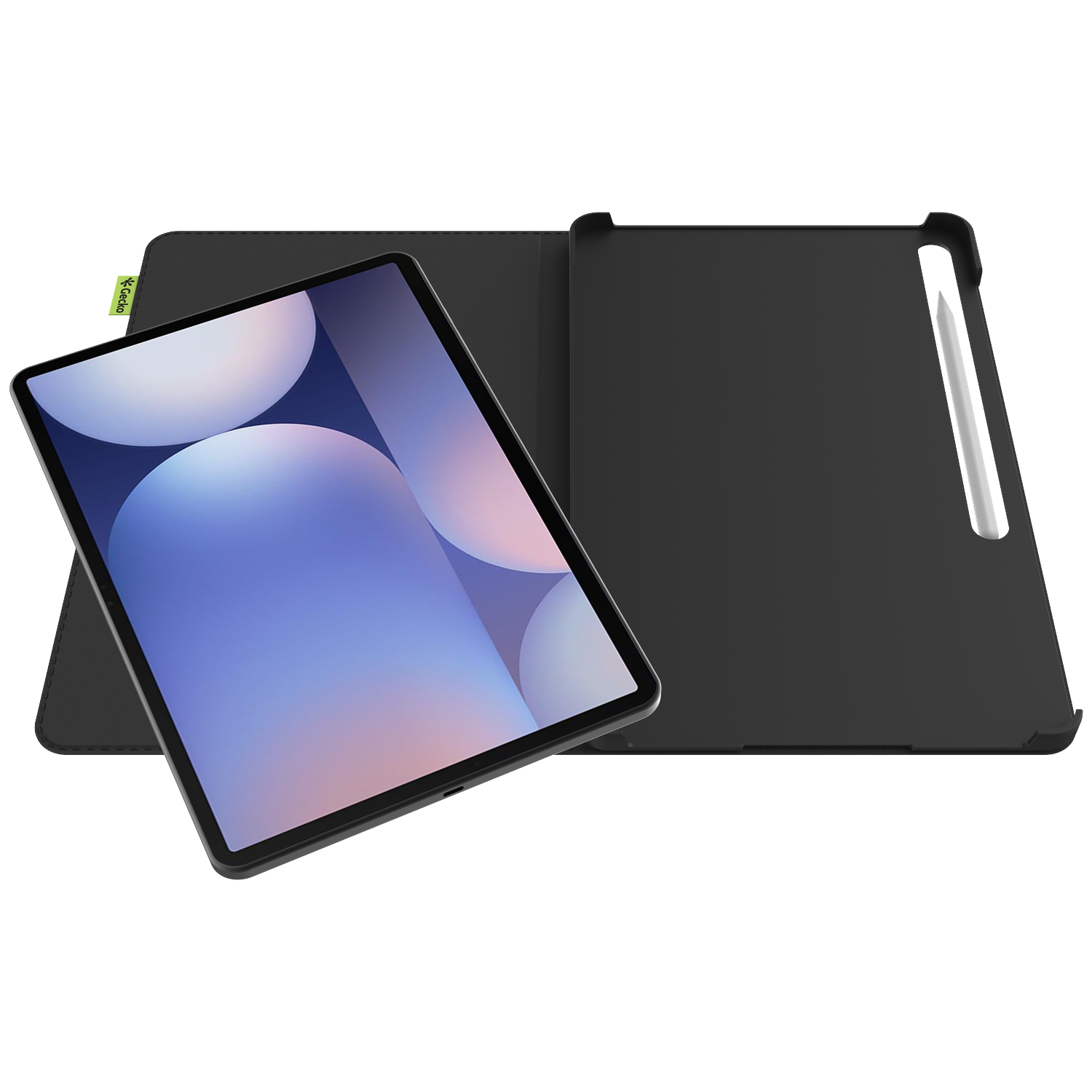 Tablet with screen showing abstract design, placed in a black case. A white stylus is on the right. The case is open.