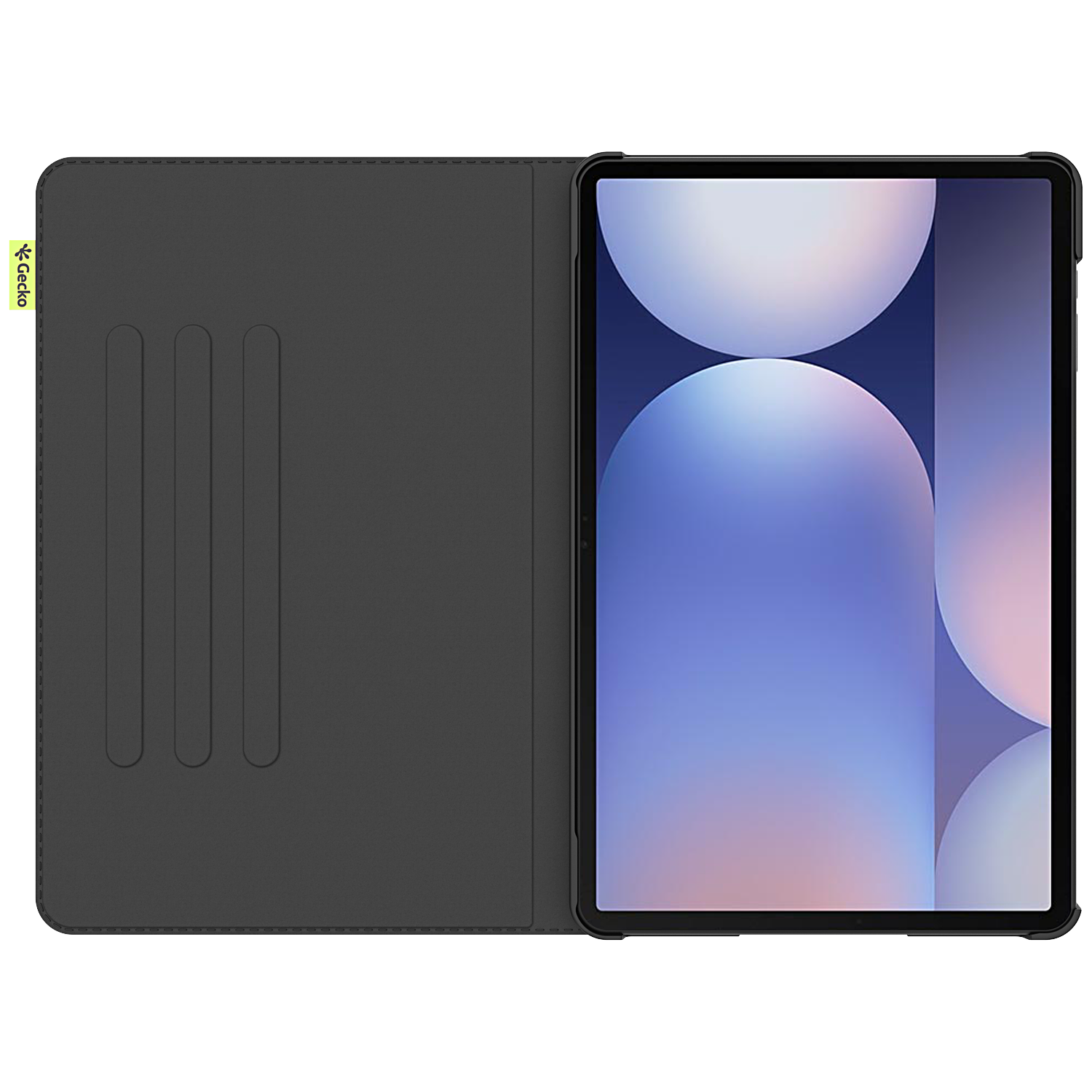 An open tablet case with a tablet inside. The case is dark gray and the tablet has a blue and white wallpaper. Gecko logo is on the case.