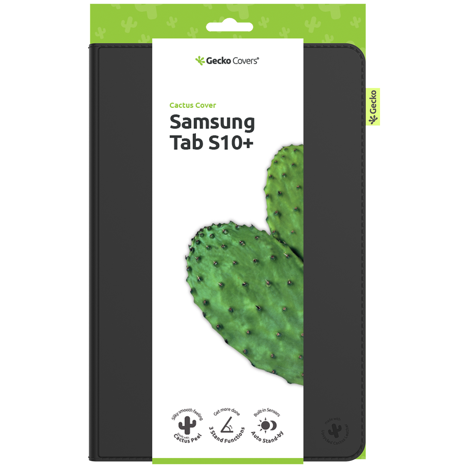A black tablet case package with a cactus image. It says 'Samsung Tab S10+' and 'Cactus Cover' on the front.