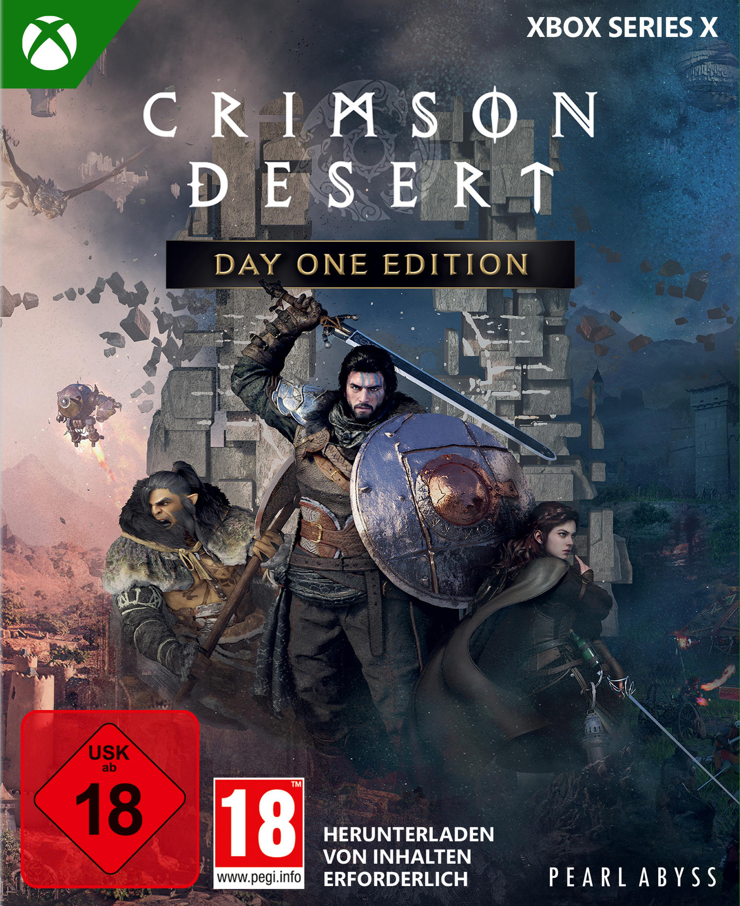 Crimson Desert-Spielcover. Ein Krieger mit Schwert und Schild steht im Vordergrund, und andere Charaktere sind im Hintergrund.