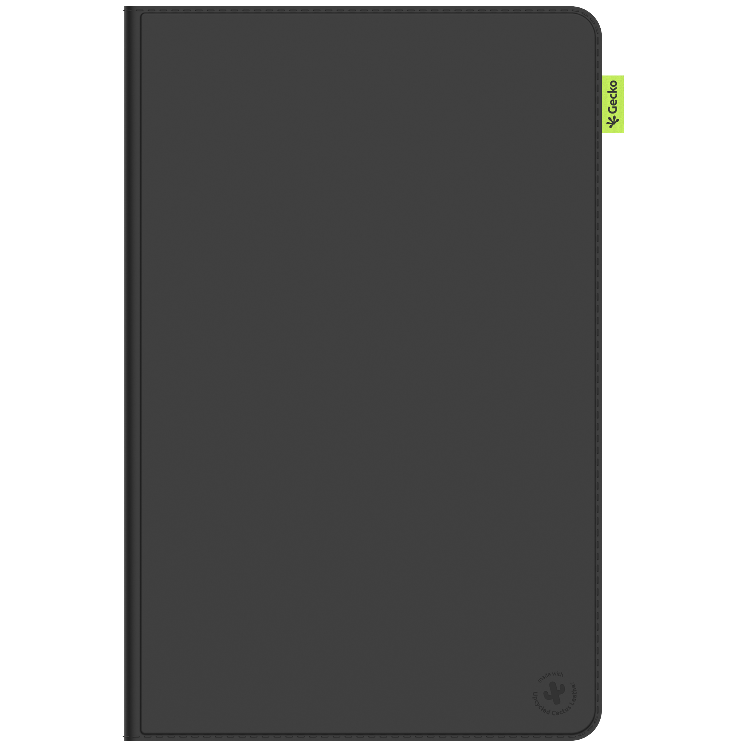 A black tablet case with a green Gecko label on the side. The bottom right corner has a logo that says 'made with upcycled cactus leather'.